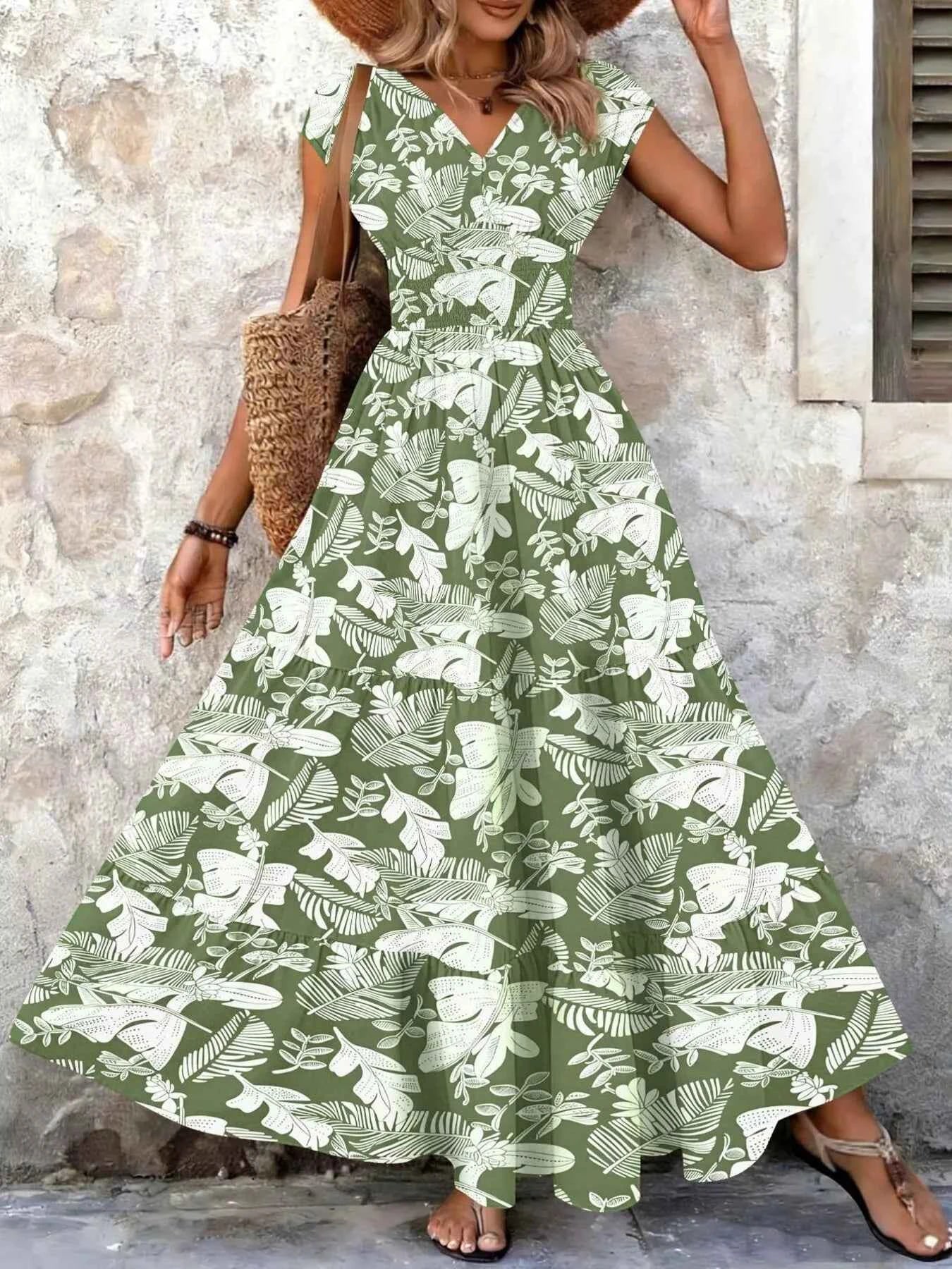 Full Size Printed V-Neck Tiered Maxi Dress Plus Size