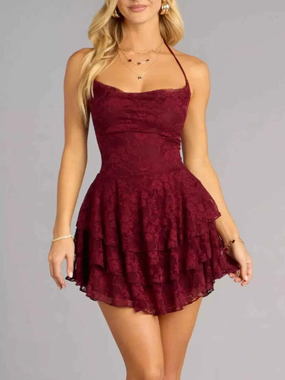 Lace Ruffle Halter Neck Mini Dress