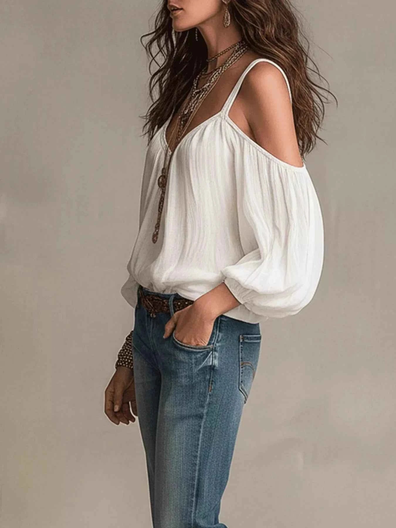 Cold Shoulder Balloon Sleeve Blouse