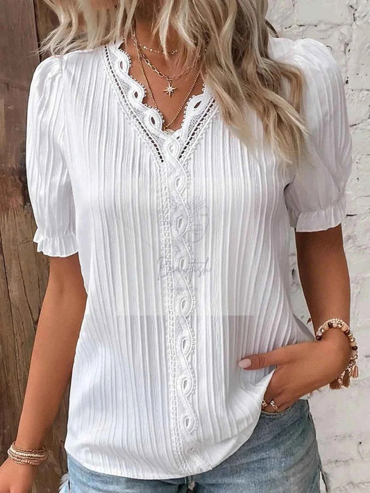 Full Size Lace Detail V-Neck Blouse Plus Size