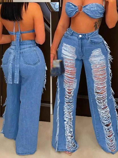 Distressed Wide-Leg Jeans