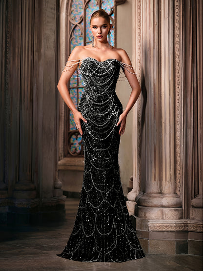 One-Shoulder Sequin Gown with Imitation Pearl Detail