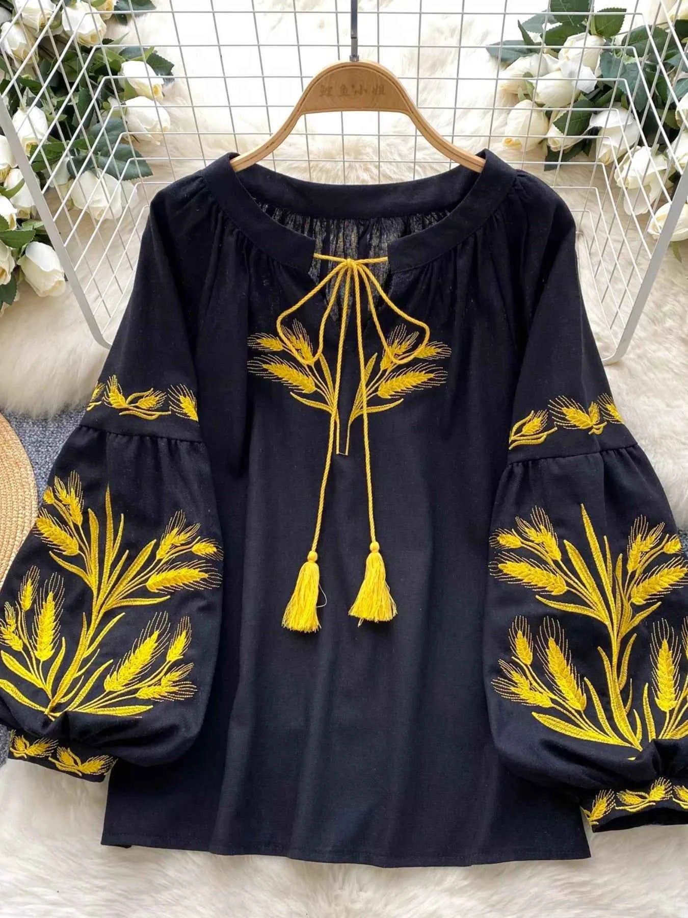 Embroidered Wheat Pattern Tie Neck Blouse