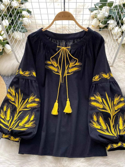 Embroidered Wheat Pattern Tie Neck Blouse