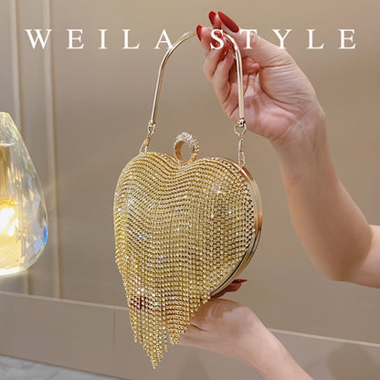 Heart-Shaped Rhinestone Evening Bag with Luxurious Tasselss