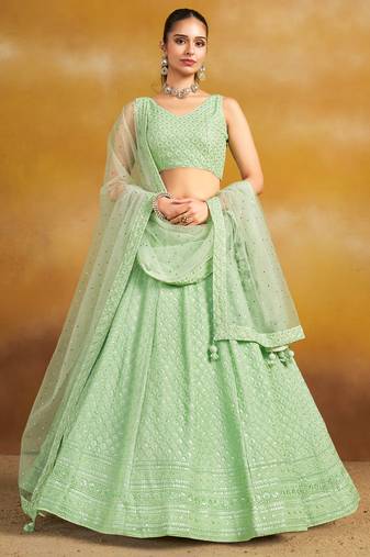 Women's Mint Green Thread Embroidered Georgette Lehenga Choli Set