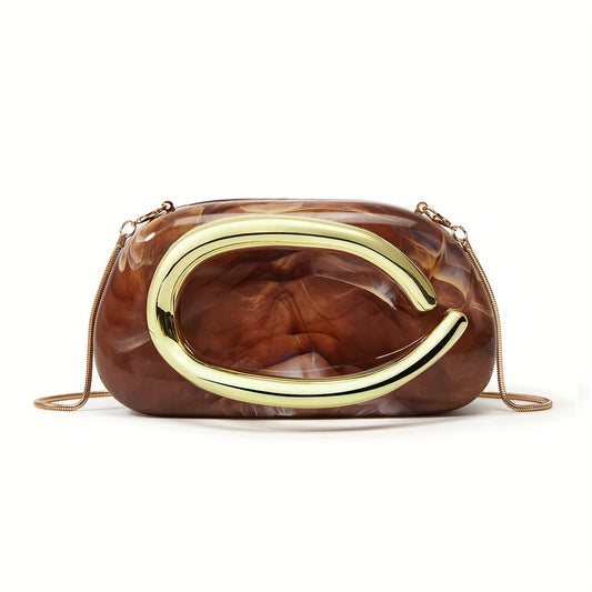 Orange Marble Patterned Acrylic Evening Bag – Elegant Chain & Detachable Shoulder Strap