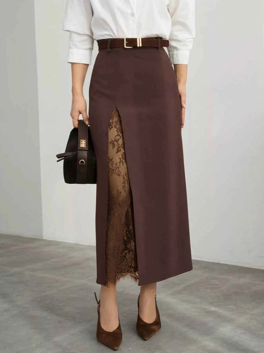 Elegant Lace-Trimmed Slit A-Line Skirt