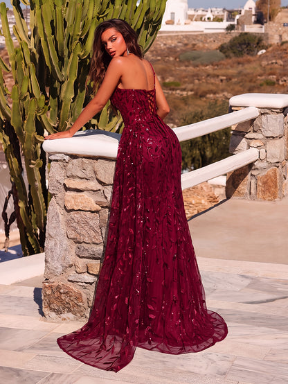 Leaf Sequin Backless Gown with High Slit