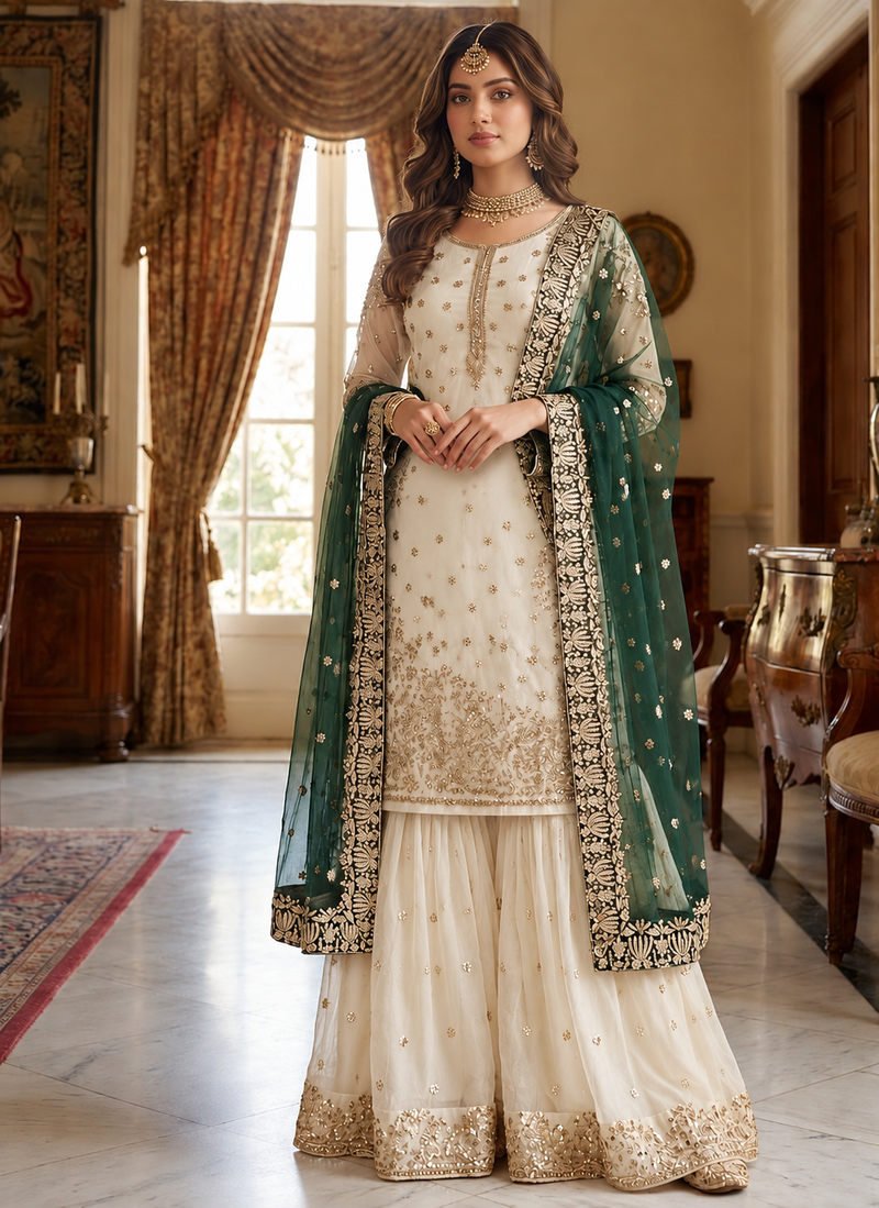 Women's Ivory and Emerald Green Silk Blend Embroidered Sharara Suit Set
