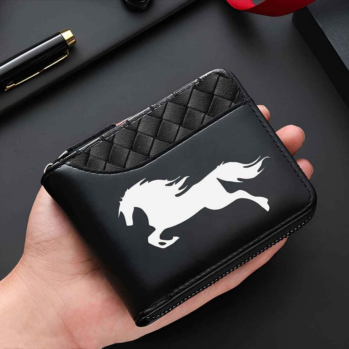 Men's Premium Wallet in Prestigious Black and White Horse-Hair Print - Black Crocodile-textured Synthetic Leather with Elegant Zipper Closure, Showcasing the Star-embossed Shield Emblem