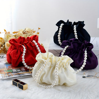 Pearl Satin Handbag – Cute Small Tote & Elegant Evening Bucket Bag