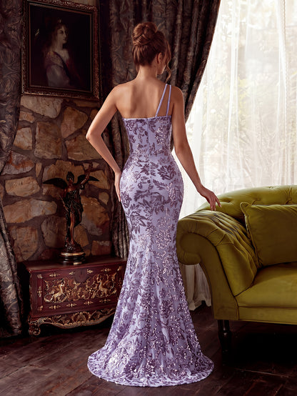 One-Shoulder Sequin Embroidered Evening Gown