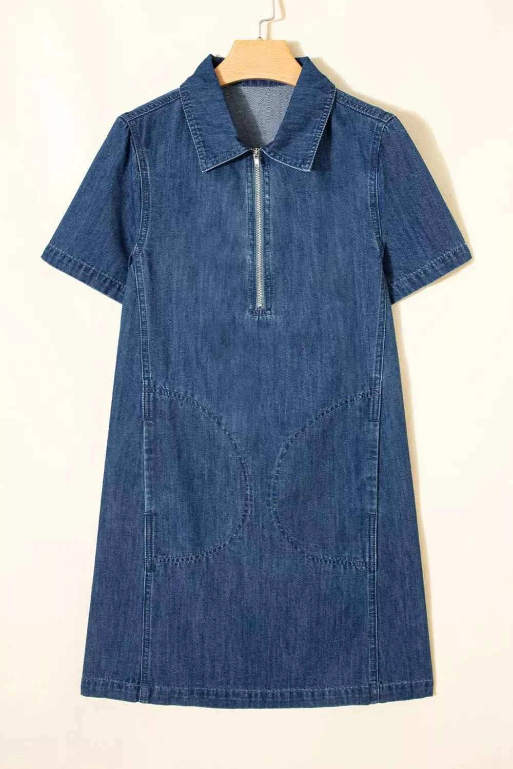 Zip Up Collared Short Sleeve Shift Mini Denim Dress