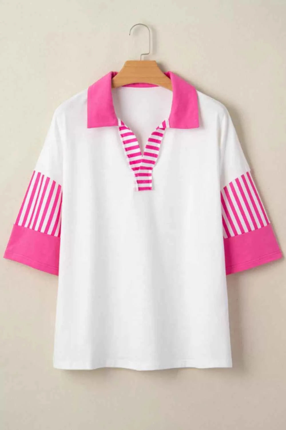 Striped Color Block Patchwork Polo Collar Half Sleeve T Shirt