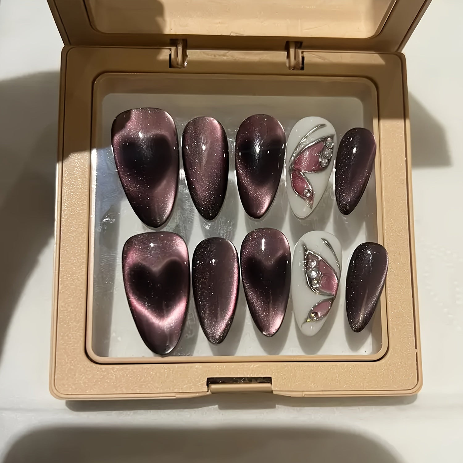 10pcs Almond-Shaped Rose Golden Cat Eye Manicure