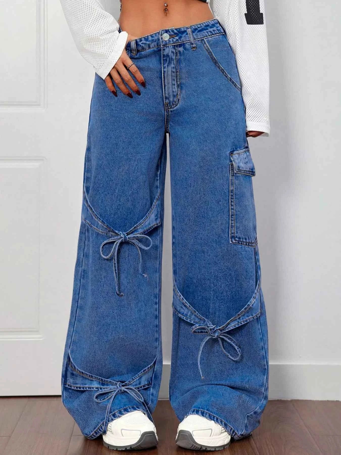 Wide Leg Jeans with Bow Tie Accents