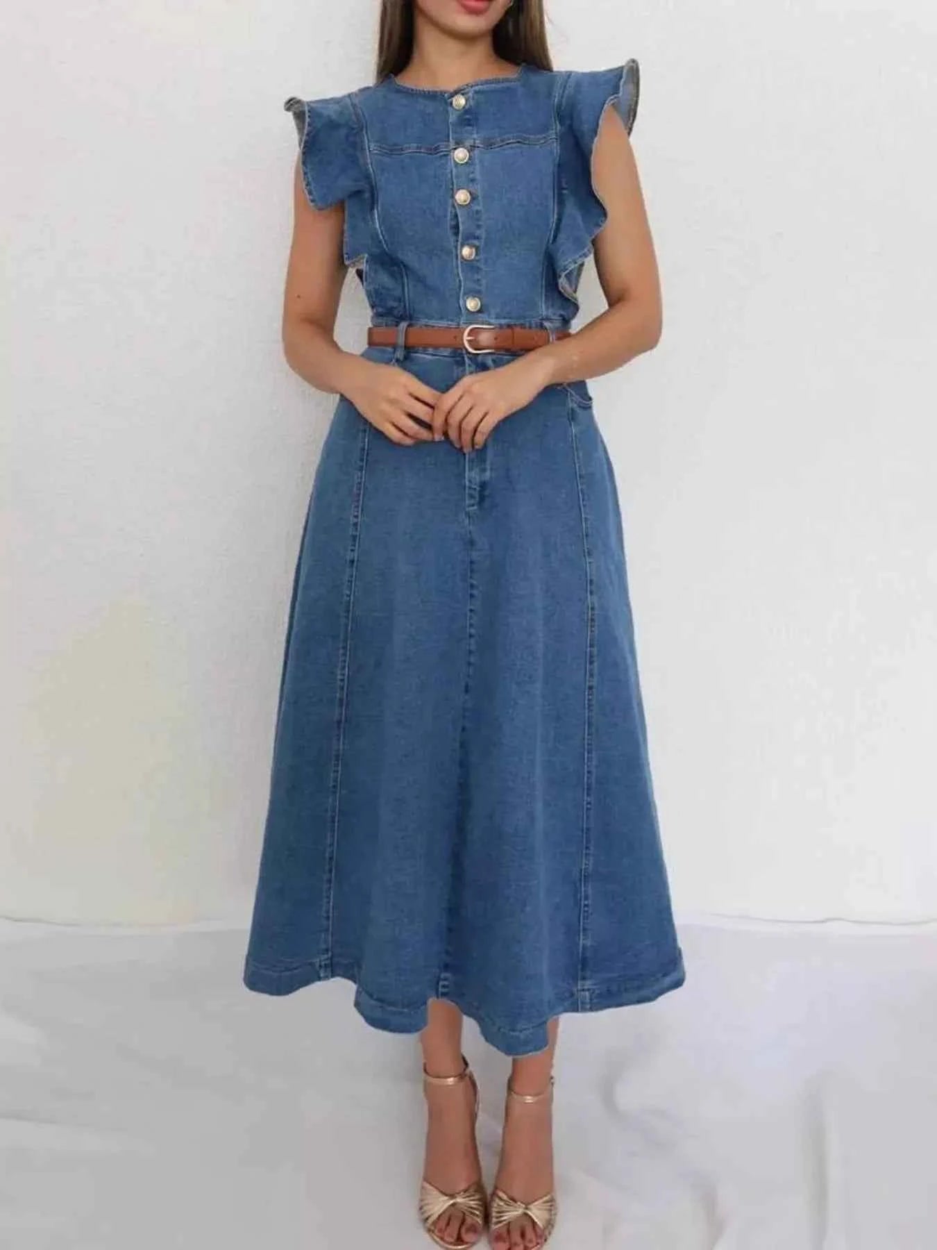 Ruffled Button Front Denim Dress