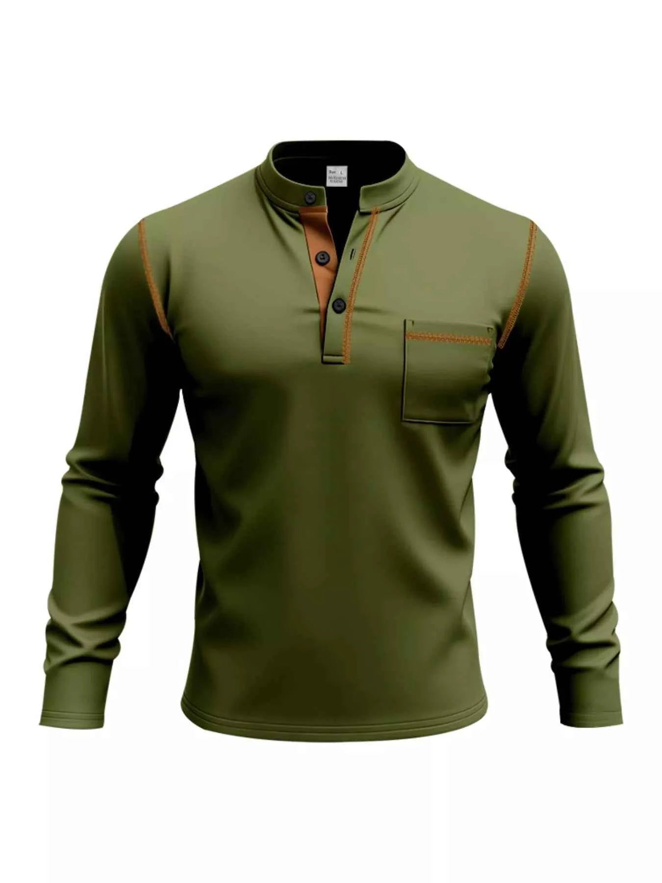 Men's Full Size Casual Long Sleeve Henley T-Shirt with Pocket Plus Size