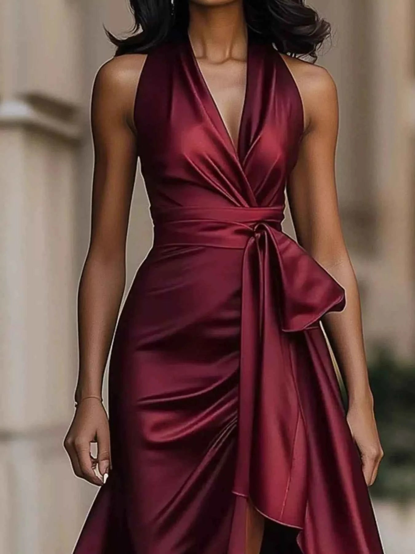 Full Size High-Low Ruffled Satin Maxi Dress Plus Size