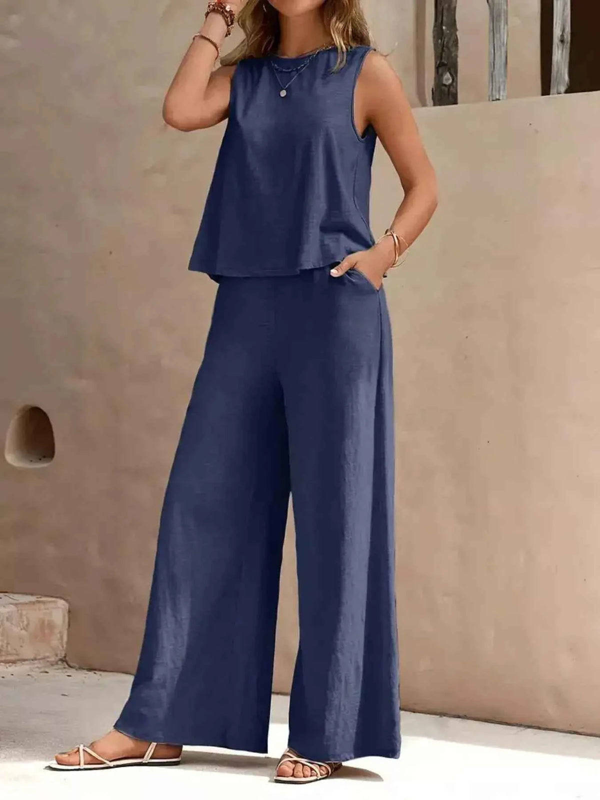 Sleeveless Top and Wide Leg Pants Set