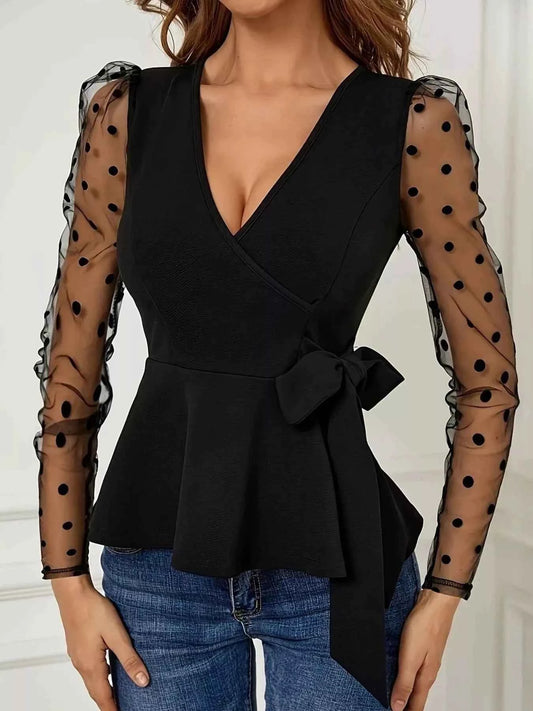 Polka Dot Mesh Sleeve Wrap Top