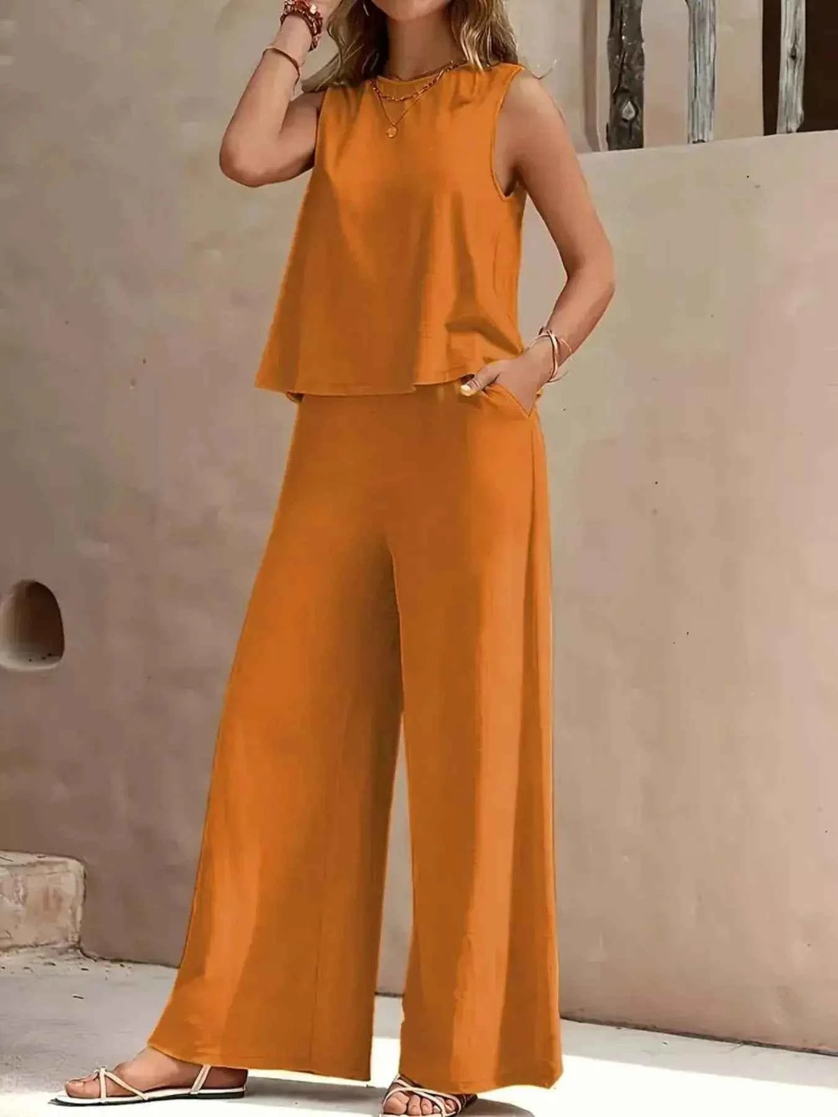 Sleeveless Top and Wide Leg Pants Set