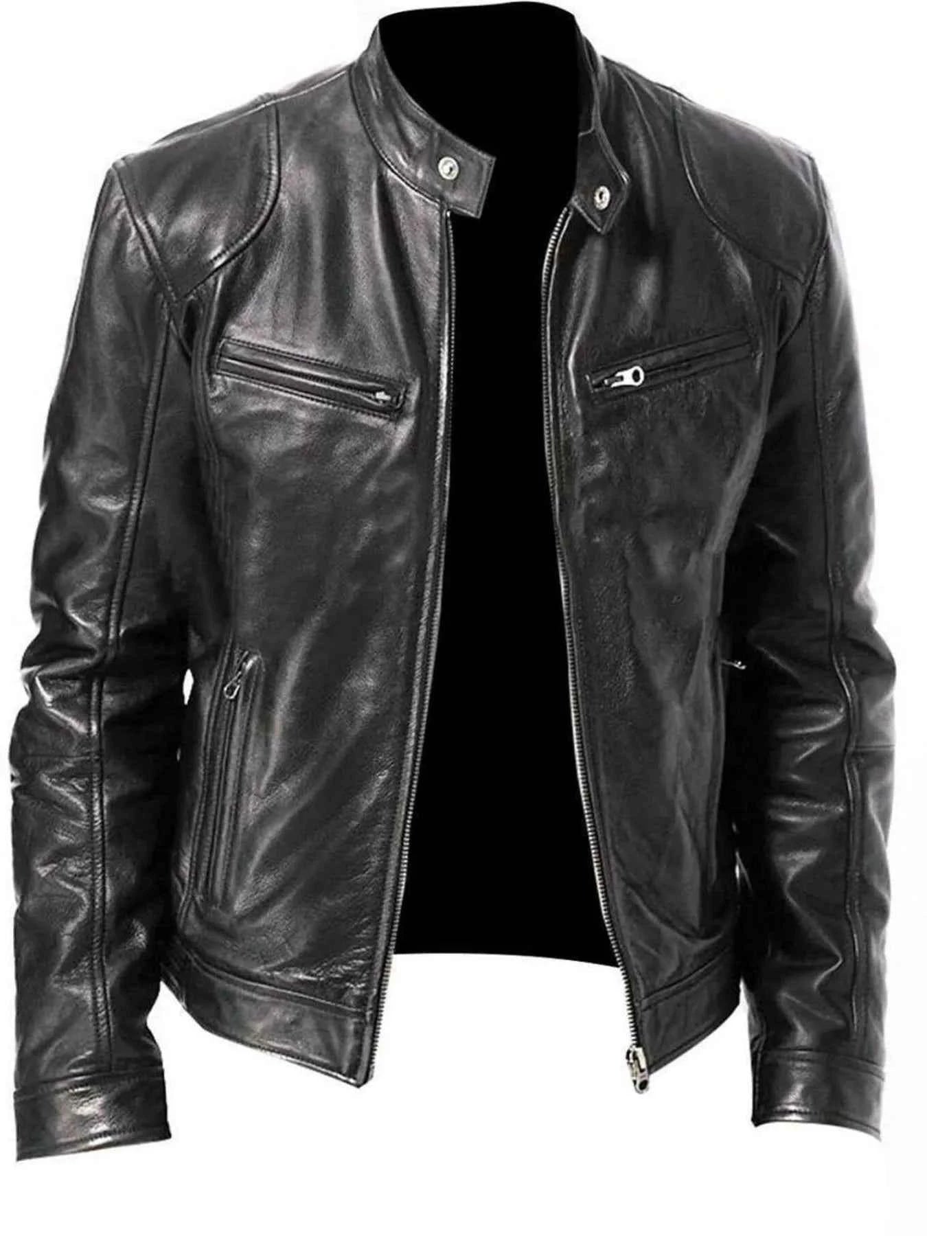 Men's Full Size Leather Biker Jacket with Zipper Pockets Plus Size
