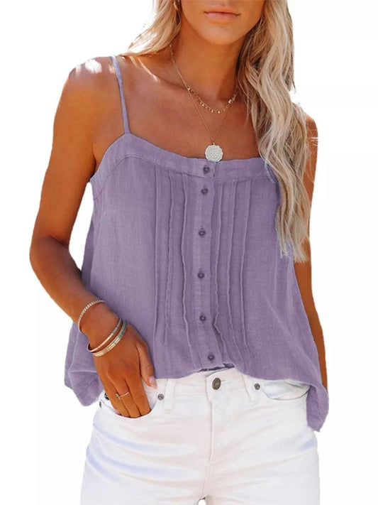 Pleated Button-Down Spaghetti Strap Cami