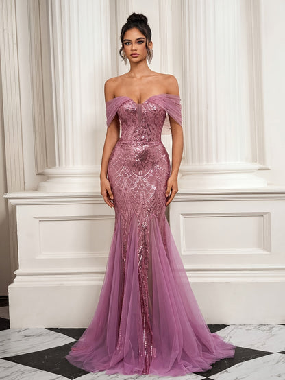 Strapless Sequin Mermaid Gown with Tulle Skirt and Tie-Back Detail