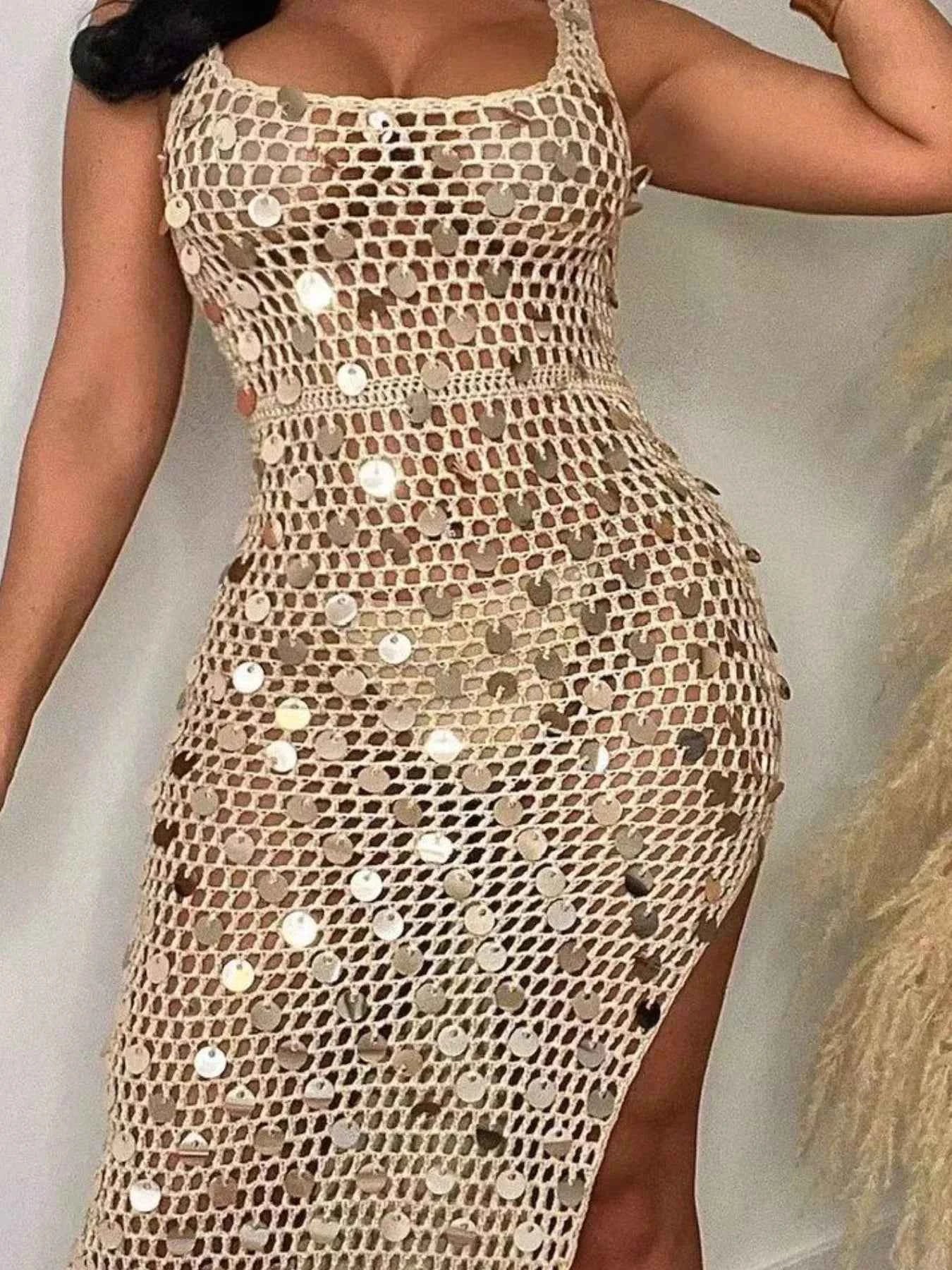 Sequin Embellished Crochet Maxi Dress with High Slit