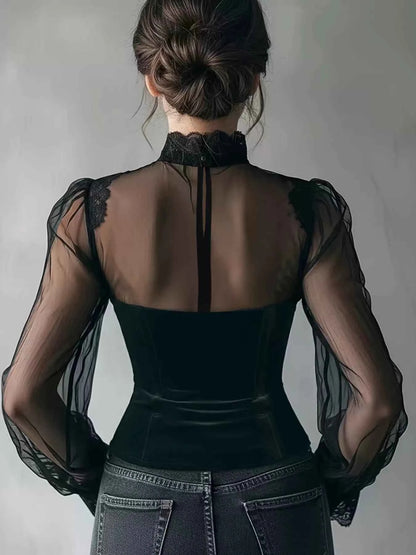 Lace Trim Velvet Sheer Sleeve Blouse