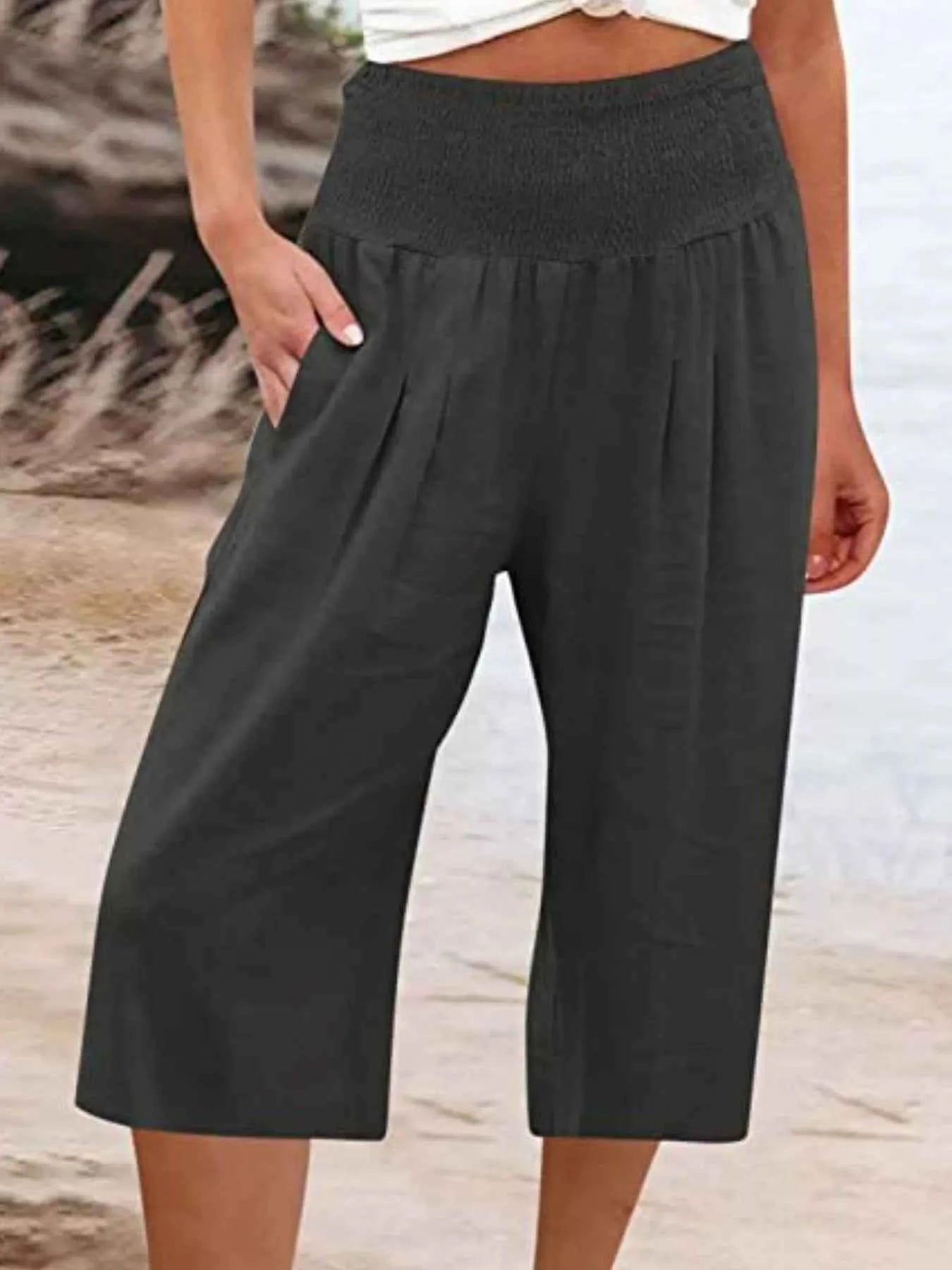 Smocked Wide-Leg Capri Pants