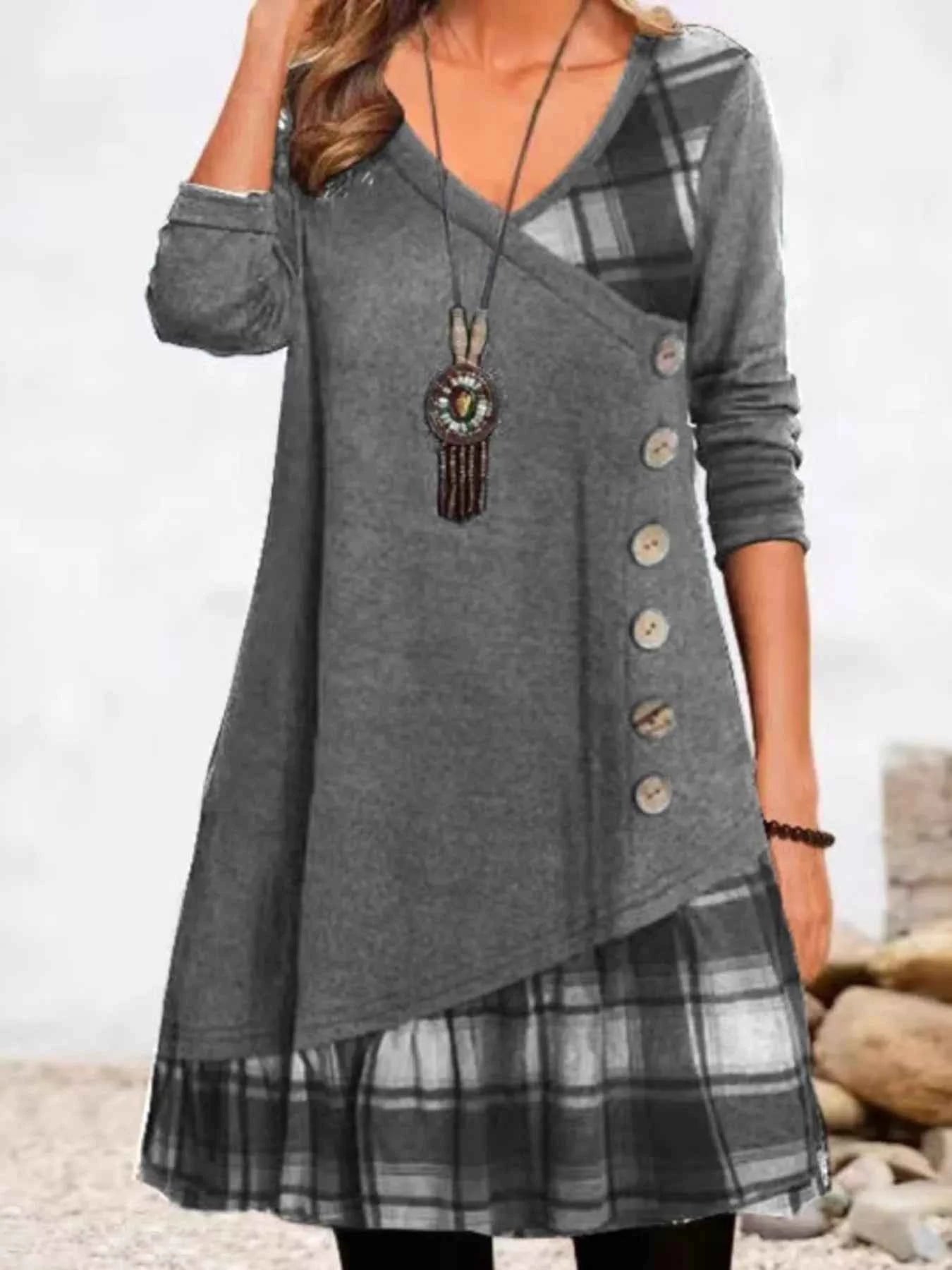 Full Size Asymmetrical Plaid Patchwork Long Sleeve Dress Plus Size
