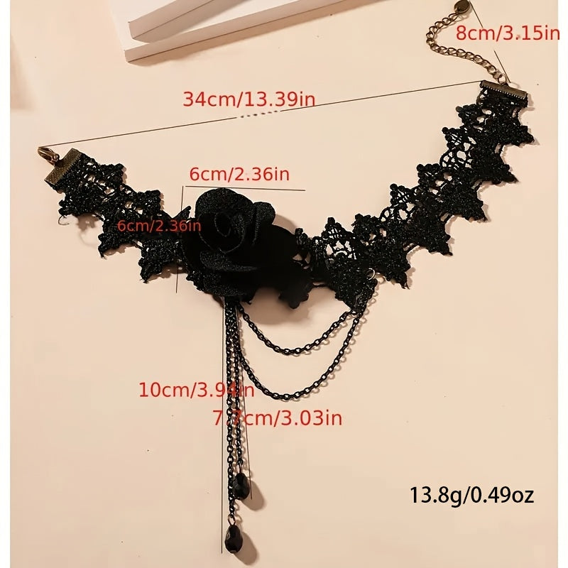 Black Lace Choker with Floral Accents & Tassels