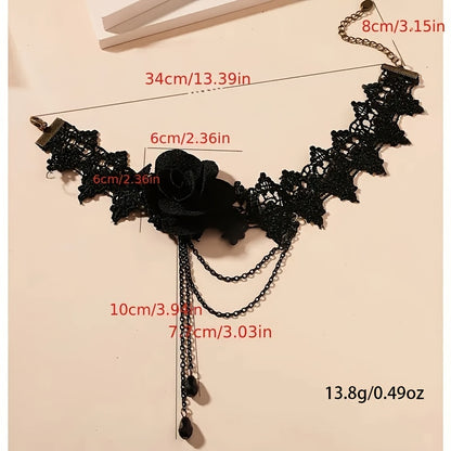 Black Lace Choker with Floral Accents & Tassels