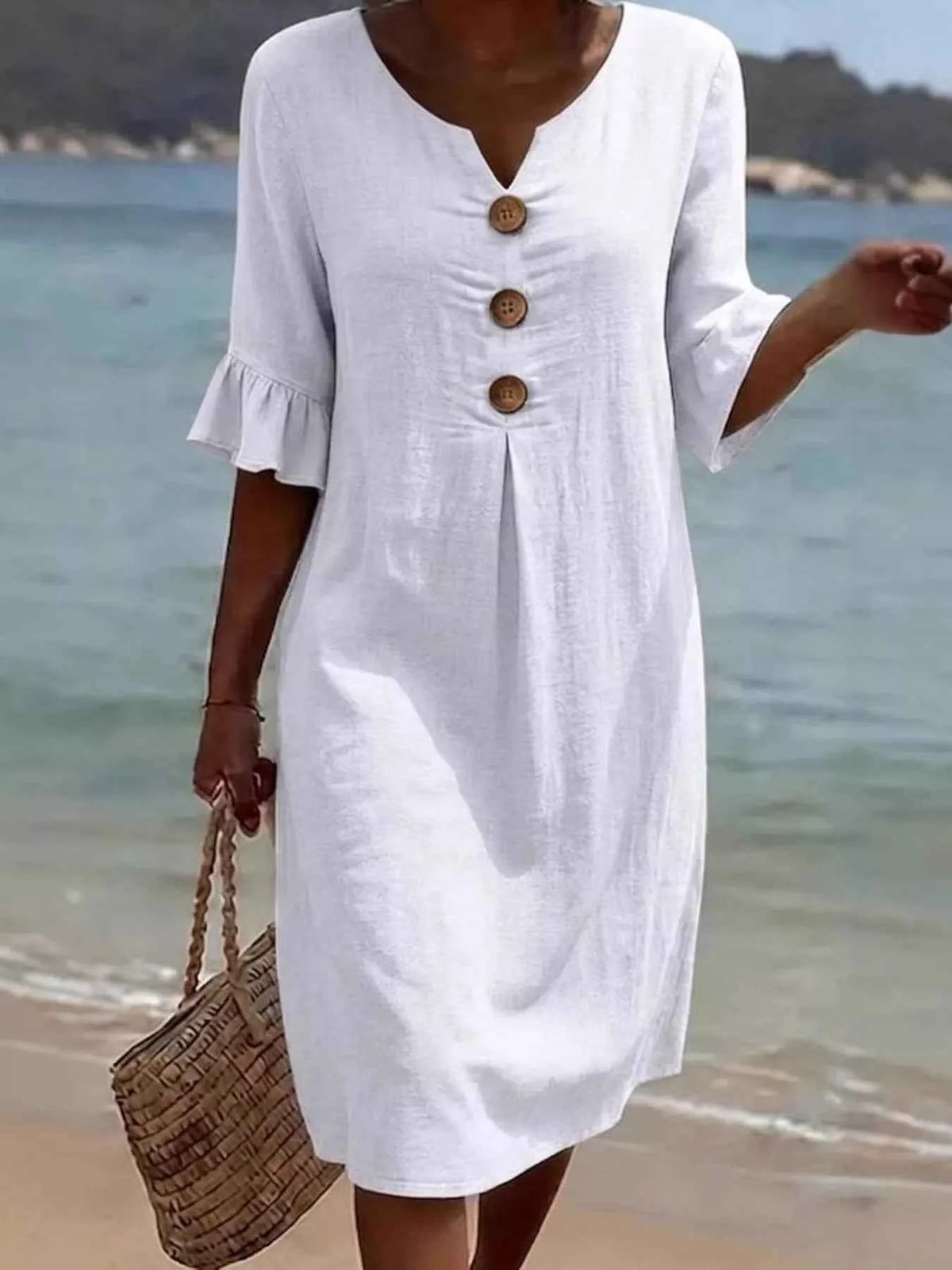 Full Size Button Decor Ruffle Sleeve Midi Dress Plus Size