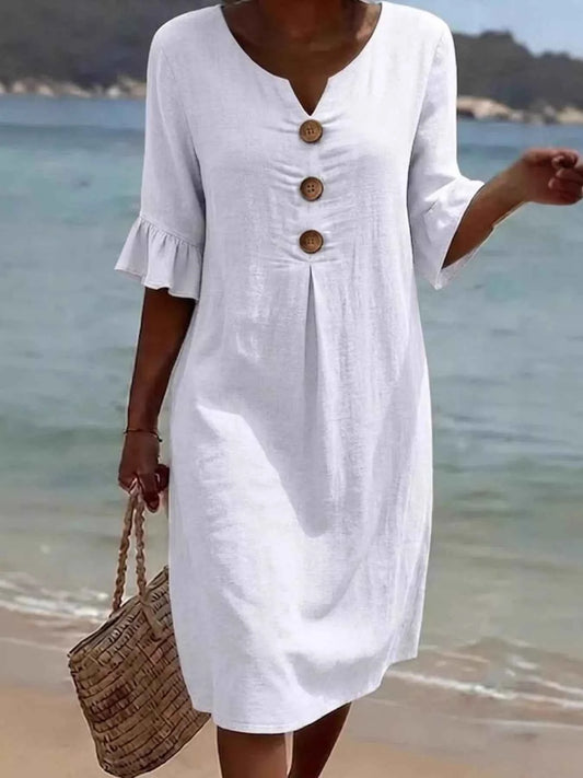 Full Size Button Decor Ruffle Sleeve Midi Dress Plus Size