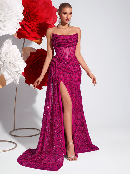 Strapless Sequin Evening Gown with Cut-Out Details and Flowing Ribbons