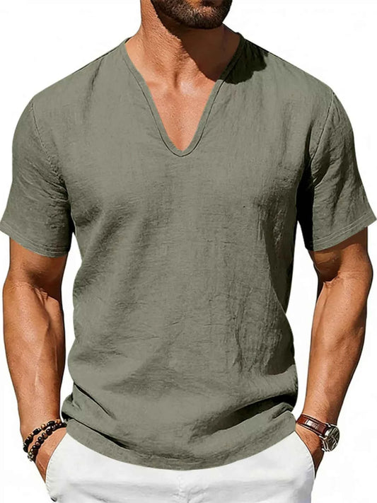 Men's Full Size Casual V-Neck Linen T-Shirt Plus Size