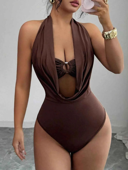 Halter Neck Ruched Ring Detail Bodysuit
