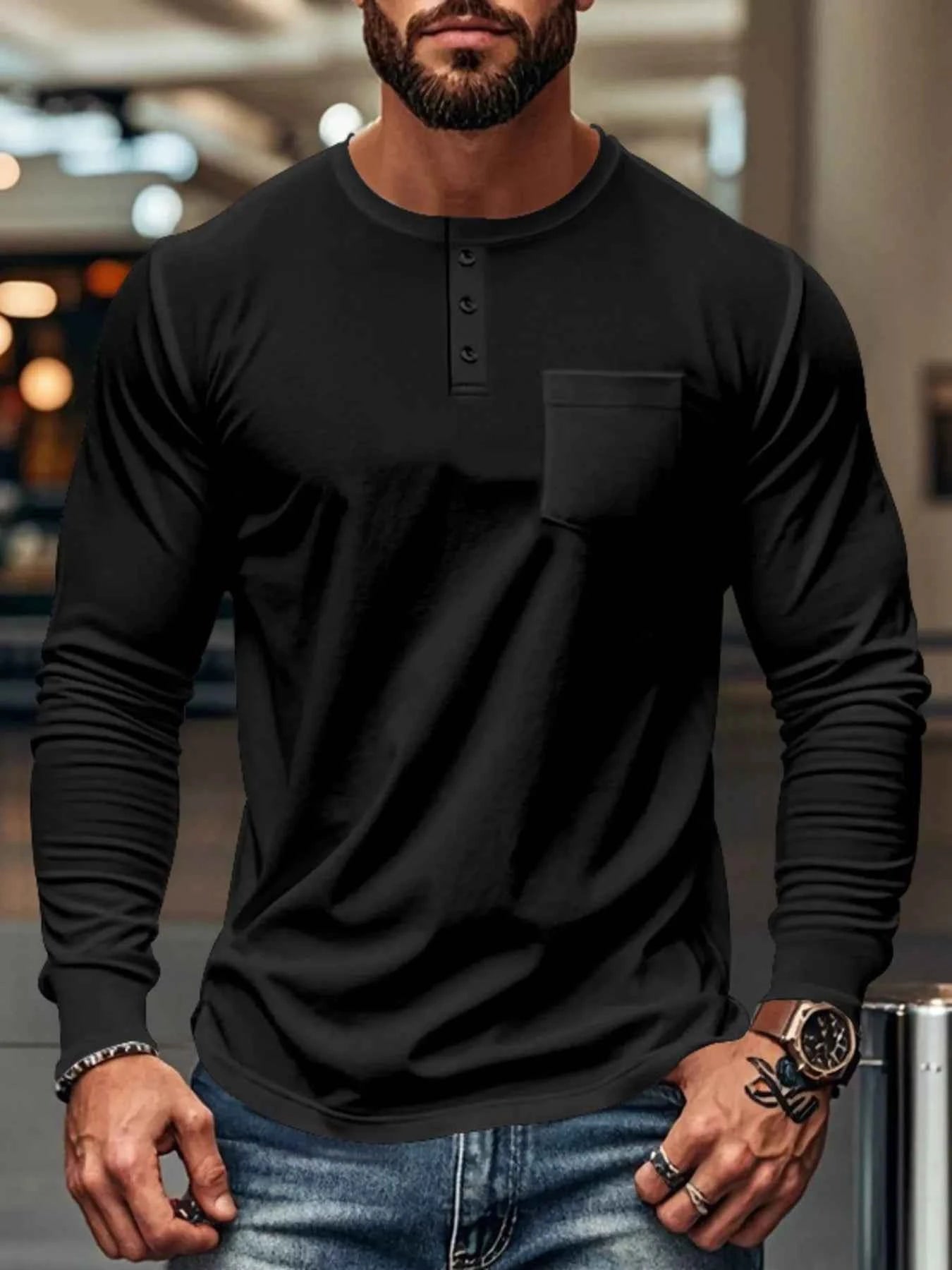 Men's Plus Size Casual Long Sleeve Henley T-Shirt with Pocket