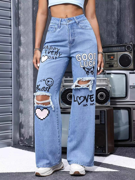Distressed Printed Wide Leg Jeans