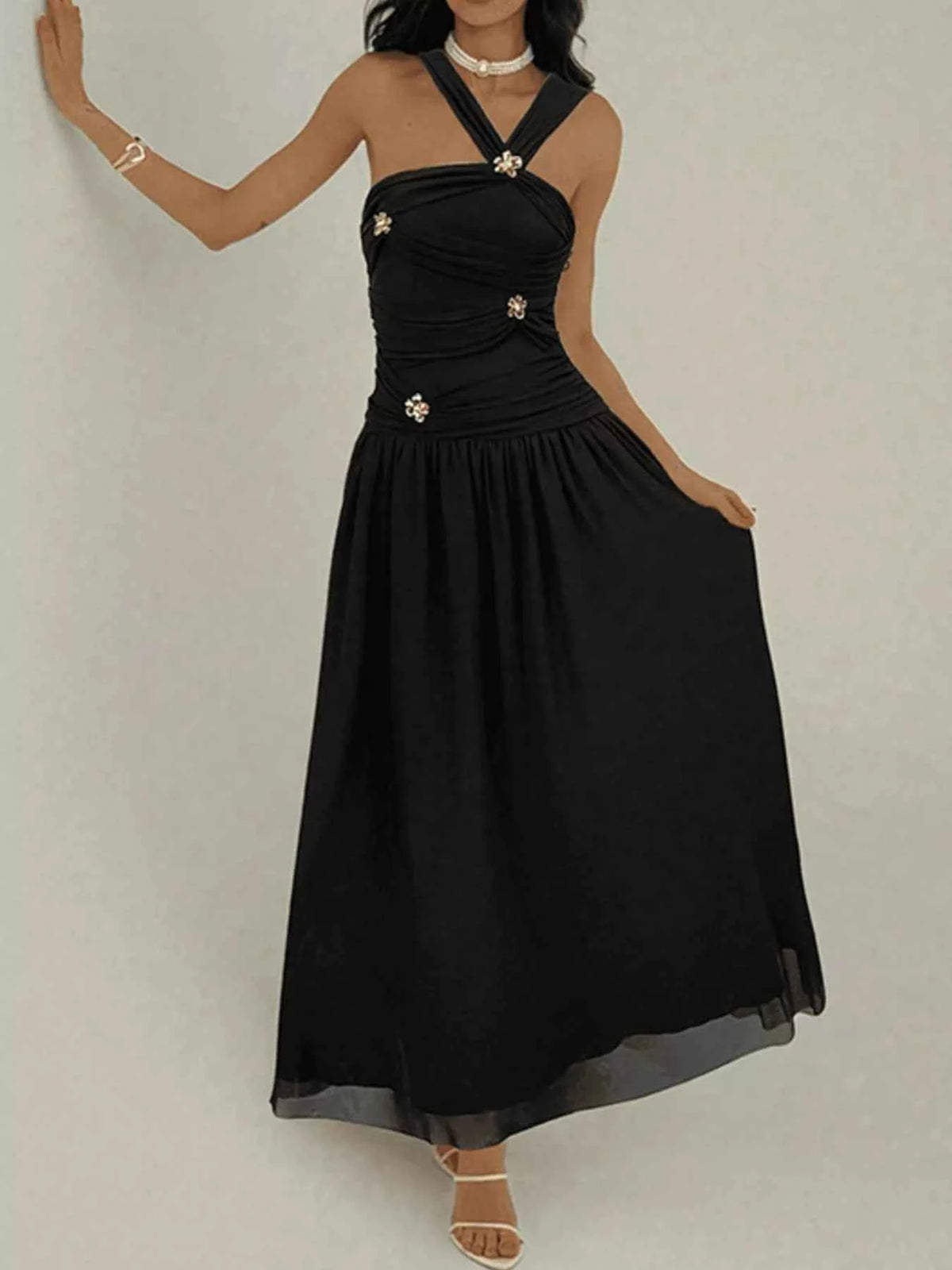 Ruched Sleeveless Maxi Dress with Embellishments