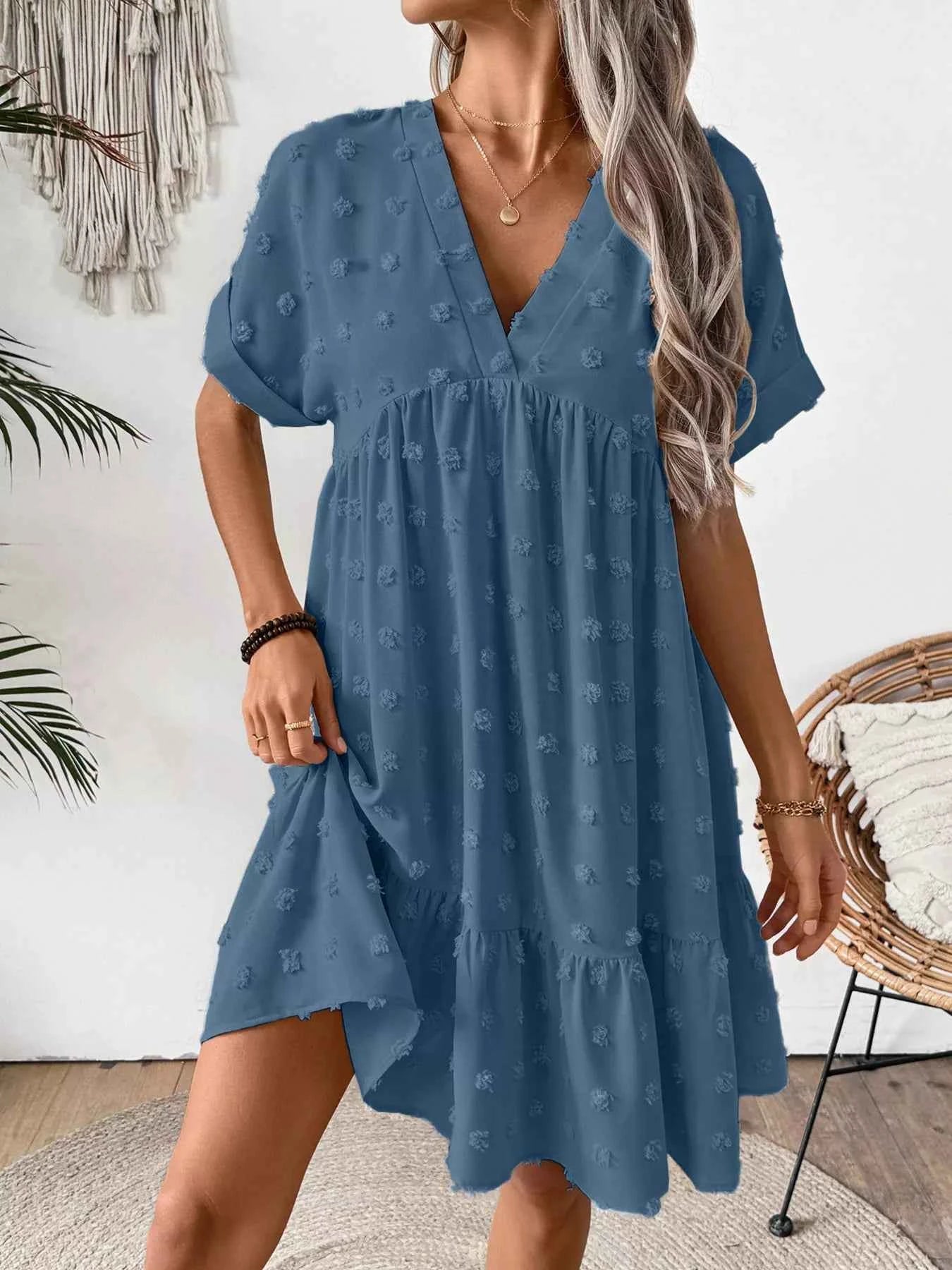 Swiss Dot V-Neck Tiered Mini Dress