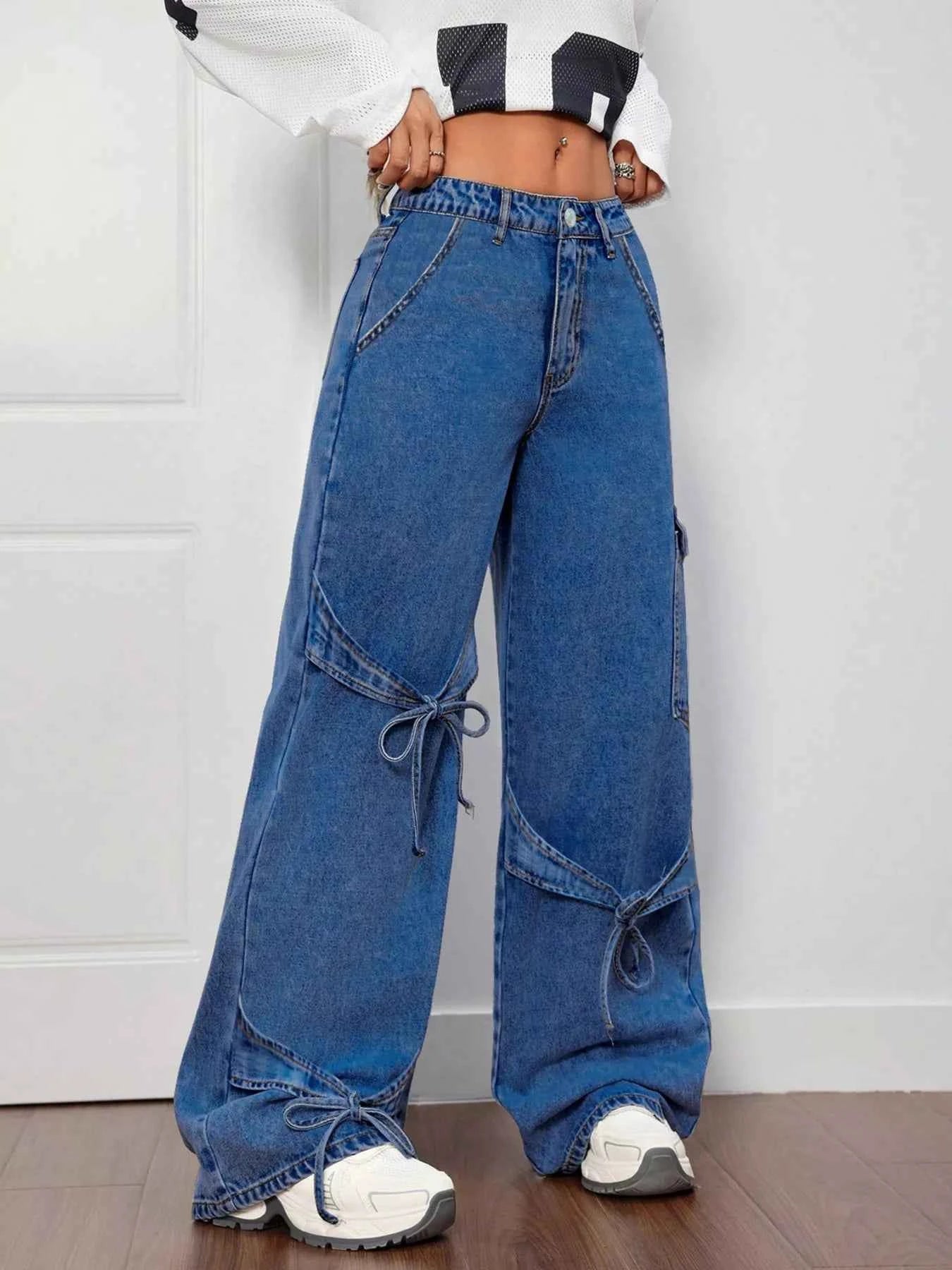 Wide Leg Jeans with Bow Tie Accents