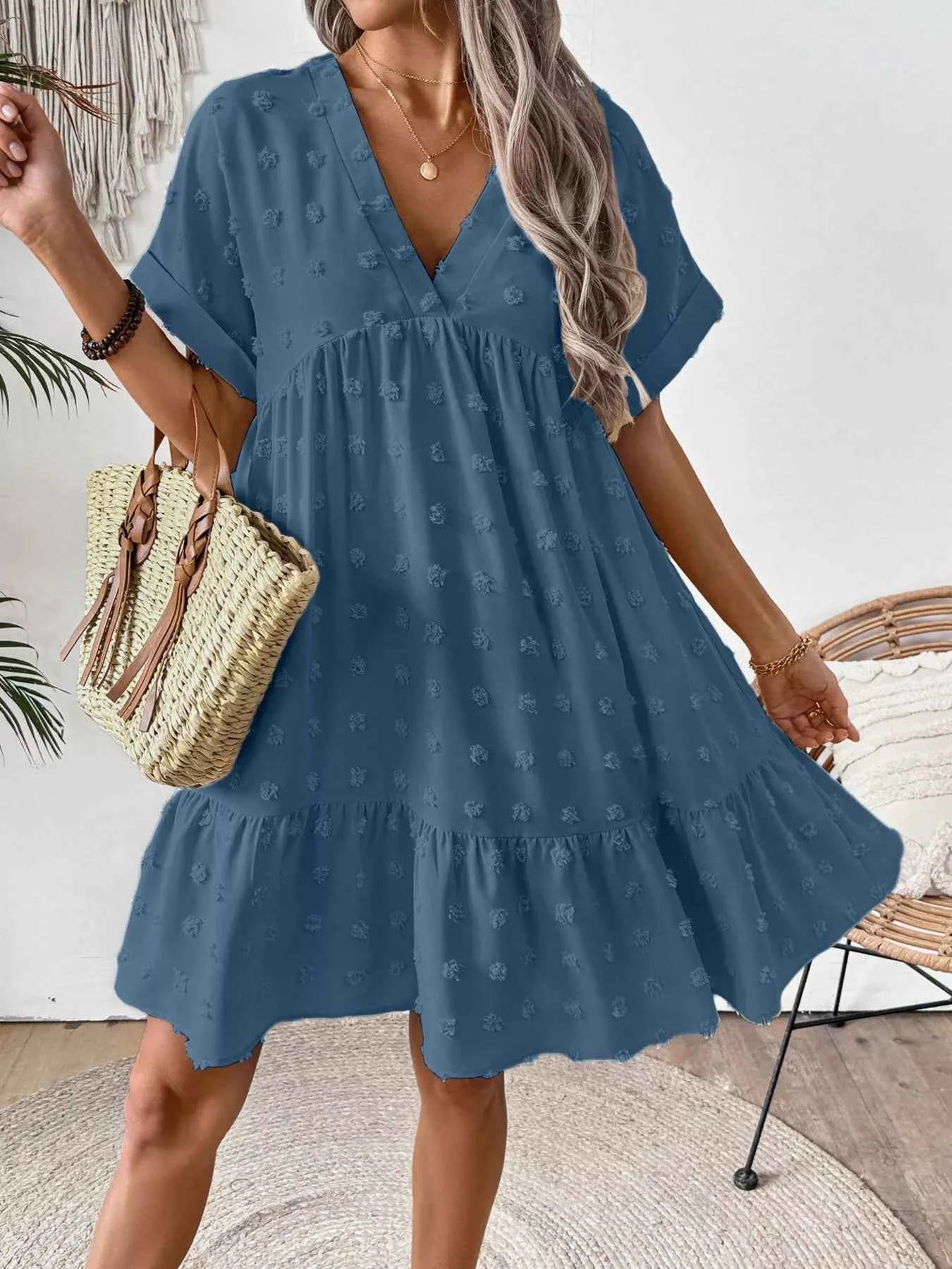 Swiss Dot V-Neck Tiered Mini Dress