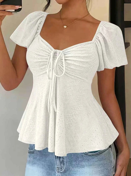 Ruched Flutter Sleeve Peplum Top
