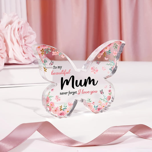 1pc Elegant Butterfly-Shaped Acrylic Plaque with Floral Design - "to My Beautiful Mum" Engraved Message