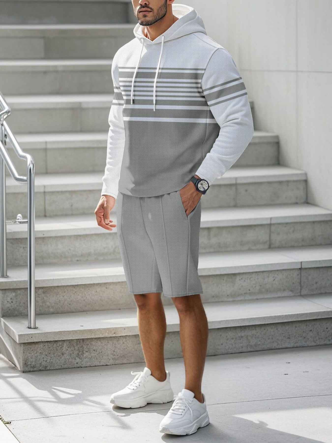 Men's Full Size Striped Hoodie & Shorts Casual Set Plus Size